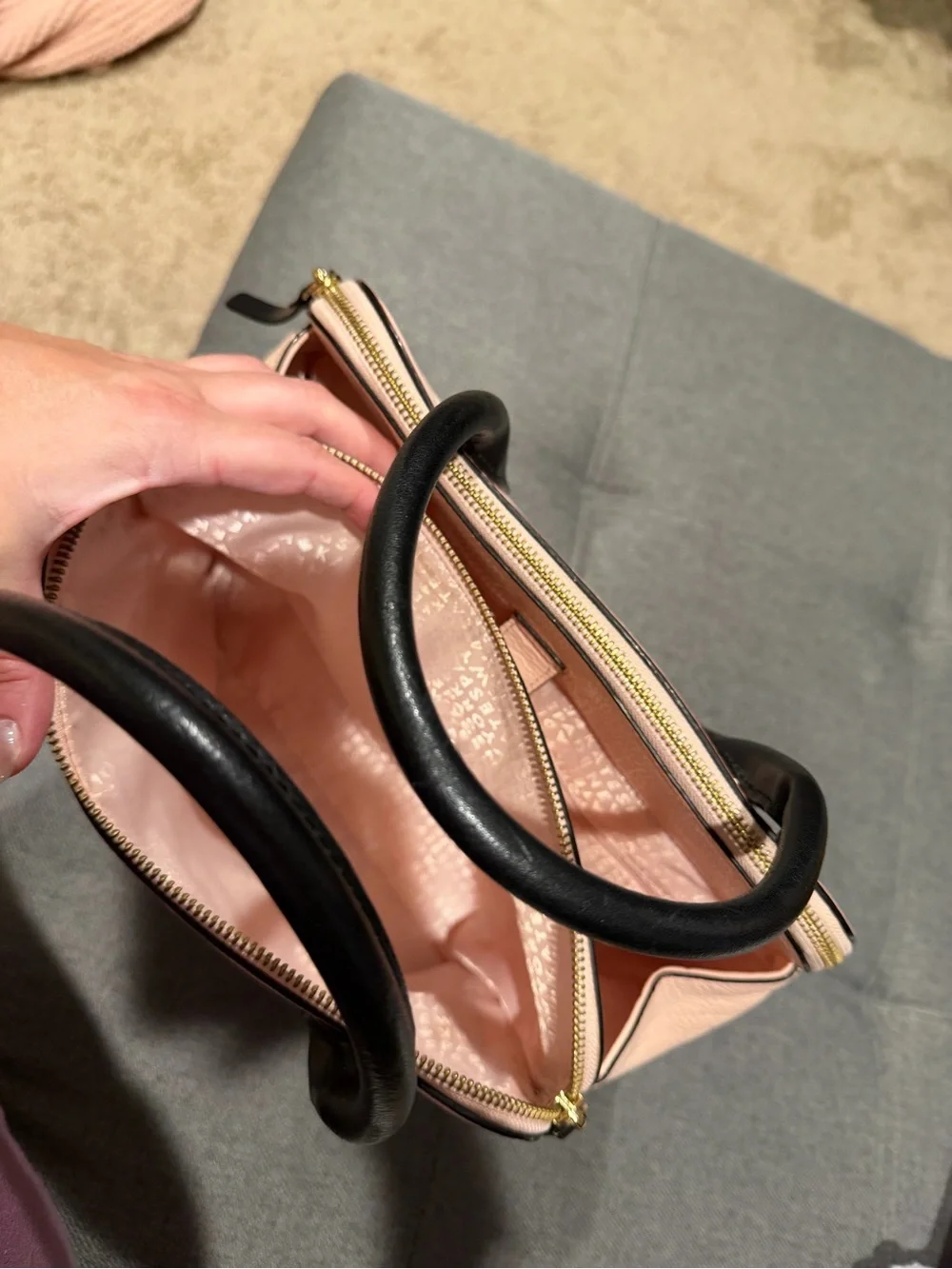 kate spade Pink Pebbled Leather Satchel with Black Trim and Handles